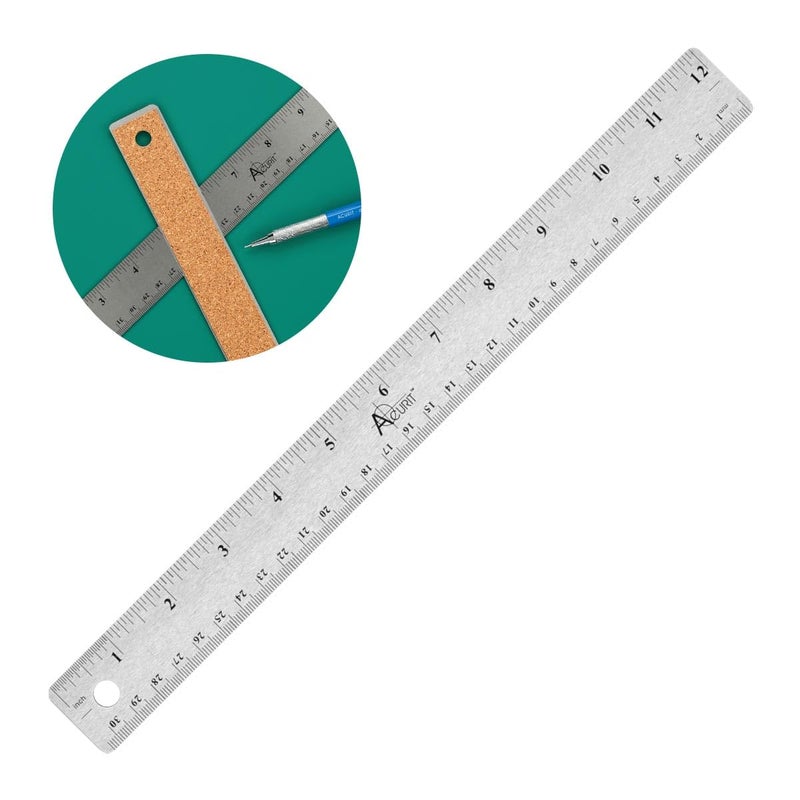 Acurit Stainless Steel 12 Inch Ruler Cork Back Measuring Ruler, Used for Drafting, Measuring, Drawing, Art - Image 2